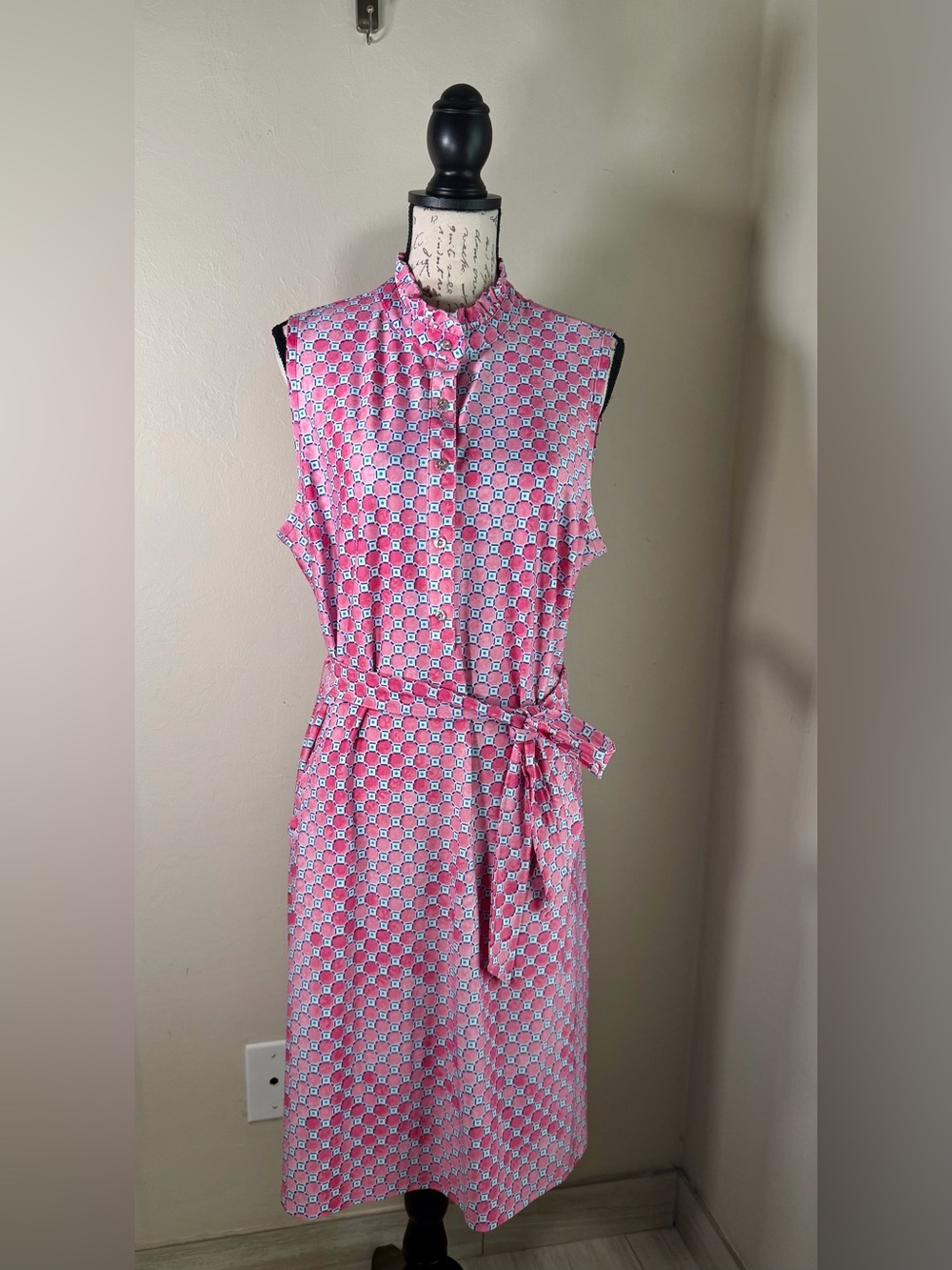 Pappagallo Pink Geometric Sleeveless Tie-Waist Midi Dress
